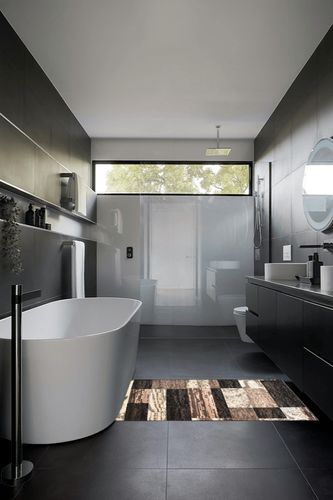 Chocolate Modern, Eclectic, Casual, Transitional Cushioned Area Rug in Black Modern Bathroom