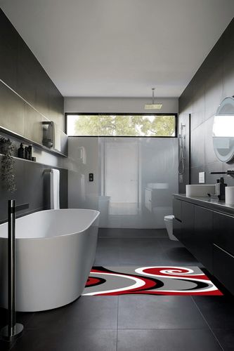 Fluffy Area Rugs for Living Room,36x60in Non-Slip Accent Rug Ultra Soft Carpet Abstract Red White Black Swirl Washable Indoor Floor Mats for Bedroom Nursery Decor Modern Geometric Stripe on Gray in Black Modern Bathroom