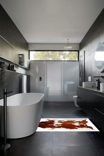 Brown and White Cowhide Rug Natural Cow Skin Cow Hide Leather Area Rug Hair On, Small 5 ft X 3 ft Premium Brown White Shed Free Natural Hide in Black Modern Bathroom