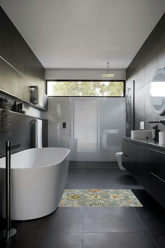 ‎Radiant Grey ‎Fade and Stain Resistant Non Slip Washable ‎‎Area Rug in Black Modern Bathroom