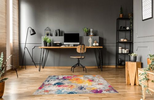 ‎Multi ‎Contemporary ‎Non Slip, Washable ‎Kitchen Rug in Grey Home office with Wooden Floor