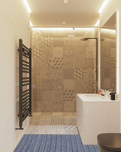 SAFAVIEH Montauk Collection Runner Rug - 2'3" x 11'7", Ivory & Navy, Handmade Cotton, Ideal for High Traffic Areas in Living Room, Bedroom (MTK717H) in White Tiled Bathroom