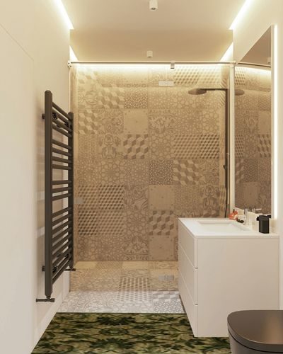 SAFAVIEH Antiquity Collection 2'3" x 12' Olive / Green AT824A Handmade Traditional Oriental Premium Wool Runner Rug in White Tiled Bathroom