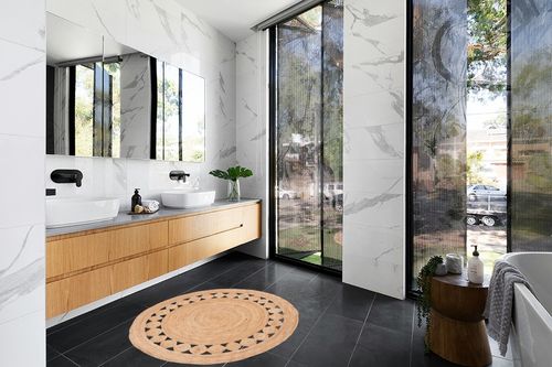 Natural Contemporary Living Room Area Rug in Modern Black Tiled bathroom