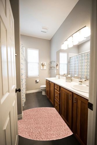 Everyday Shag Rug in Wooden and Grey Bathroom
