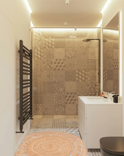 Natural Contemporary Living Room Area Rug in White Tiled Bathroom