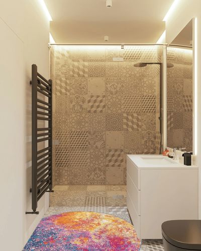 Round Modern Abstract Area Rug 4' in White Tiled Bathroom