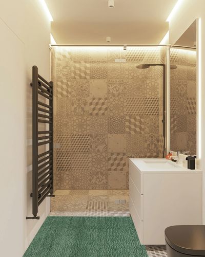 Safavieh August Shag Rug Collection AUG200Y - Green - 4' x 4' Square in White Tiled Bathroom