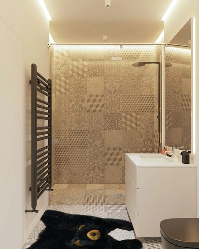 Soft and Cuddly Cute Black Bear Floor Throw Area Rug (Great Kids Rug) 42" in White Tiled Bathroom