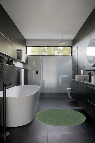 4 Ft Round Green fluffy rug in Black Modern Bathroom