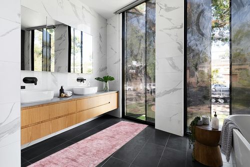 DECOMALL Runner Rug in Modern Black Tiled bathroom