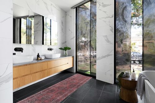 Adiva Rugs Machine Washable Area Rug RED/Brown in Modern Black Tiled bathroom