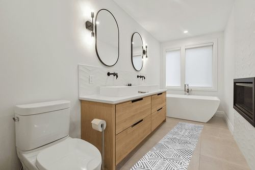 Jordan High-Low Pile Art Deco Geometric Indoor Outdoor Area-Rug in Scandinavian Neutral bathroom