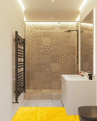 Yellow, 2 x 6 Feet fluffy rug in White Tiled Bathroom