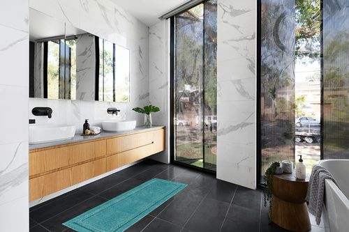 mDesign Microfiber Soft Polyester Bathroom Rugs for Indoor Bath, Tub, Shower Floor Water Absorbent, Machine Washable, Non-Slip Rectangular Bath Carpets Mats, Hydra Collection, 3 Pieces - Teal Blue in Modern Black Tiled bathroom