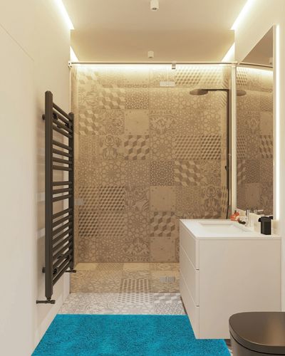 mDesign Non-Slip Microfiber Polyester Rectangular Spa Mat/Bath Rug, Plush Water Absorbent Accent Rug for Bathroom Vanity, Bathtub/Shower, Machine Washable, 60" x 21", Heathered Deep Teal Blue in White Tiled Bathroom