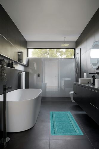 mDesign Microfiber Soft Polyester Bathroom Rugs for Indoor Bath, Tub, Shower Floor Water Absorbent, Machine Washable, Non-Slip Rectangular Bath Carpets Mats, Hydra Collection, 3 Pieces - Teal Blue in Black Modern Bathroom
