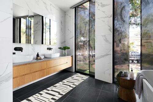 2.5'x10' | Machine Washable Runner Rug | Kid & Pet Friendly | Indoor Rug | Broken ... in Modern Black Tiled bathroom