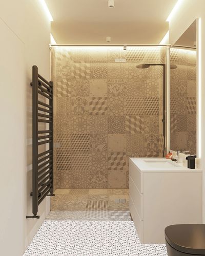 Dash and Albert Kingsley Handwoven Indoor/Outdoor Rug, Runner-2.5 X 8 Feet, Ivory/Blue Geometric Pattern in White Tiled Bathroom