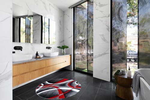 Masada Rugs Sophia Collection Hand Carved Round Area Rug Modern Contemporary Red Grey Black (4 Feet X 4 Feet) Round in Modern Black Tiled bathroom