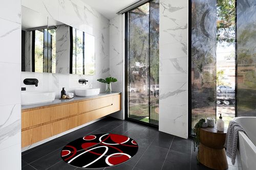 Round Area Rugs Children Crawling Mat Non-Slip Mat, Black Red Residential Carpet for Living Dining Room Kitchen Rugs Decor, Round Geometric White Line Modern Abstract Art, 4Ft(48In) in Modern Black Tiled bathroom