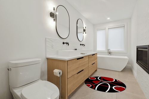 Round Area Rugs Children Crawling Mat Non-Slip Mat, Black Red Residential Carpet for Living Dining Room Kitchen Rugs Decor, Round Geometric White Line Modern Abstract Art, 4Ft(48In) in Scandinavian Neutral bathroom