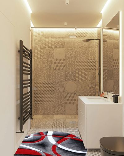 Masada Rugs Sophia Collection Hand Carved Round Area Rug Modern Contemporary Red Grey Black (4 Feet X 4 Feet) Round in White Tiled Bathroom