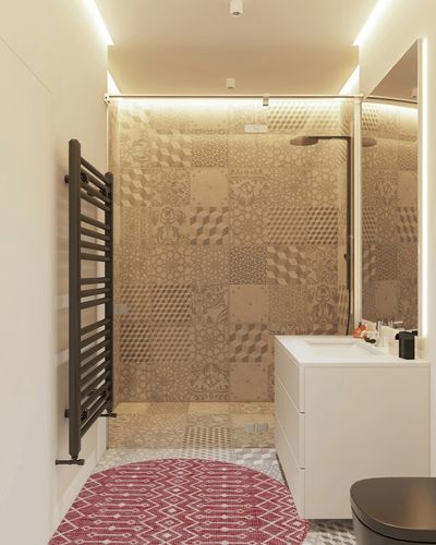 Unique Loom Outdoor Trellis Collection Area Rug - Tribal Trellis (4' 1" Round, Rust Red/ Ivory) in White Tiled Bathroom