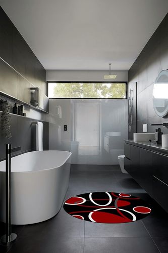 Round Area Rugs Children Crawling Mat Non-Slip Mat, Black Red Residential Carpet for Living Dining Room Kitchen Rugs Decor, Round Geometric White Line Modern Abstract Art, 4Ft(48In) in Black Modern Bathroom
