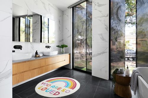 Topotdor Rainbow Round Rug for Girls Bedroom,Colorful Boho Decor Nursery Area Rug,Ultra Soft Machine Washable Kids Play Mat,47" Round in Modern Black Tiled bathroom
