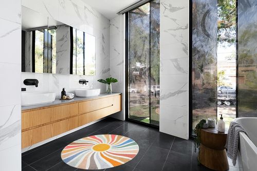 Topotdor Sun Rainbow Round Rug,Colorful Boho Kids Rug Ultra Soft Washable Nursery Rug for Bedroom Perschool Classroom,47" Round in Modern Black Tiled bathroom