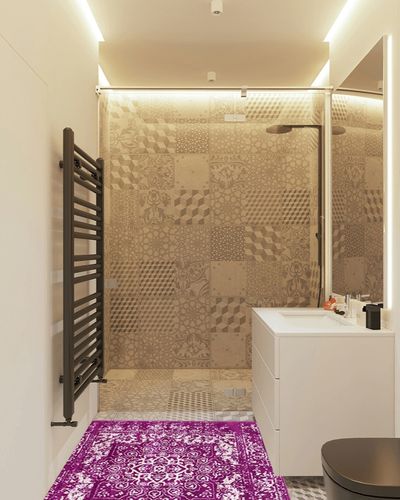 Rugs.com Arlington Collection Rug – 4 Ft Square Purple Medium-Pile Rug Perfect for Living Rooms, Kitchens, Entryways in White Tiled Bathroom