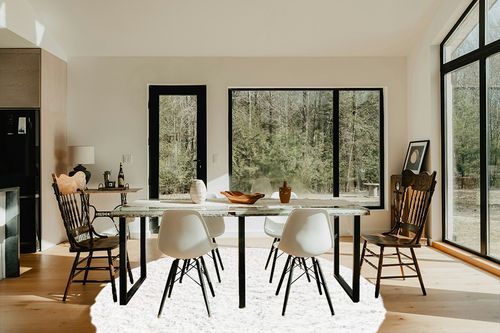 White 8 Ft Round Shag Rug in Modern Scandinavian Dining Room with Black Accents