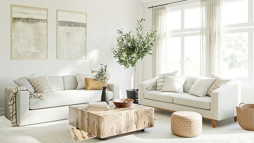 Unique Loom Autumn Arrow Area Rug - 2' x 6' Runner - Beige in White Living room with White Couch