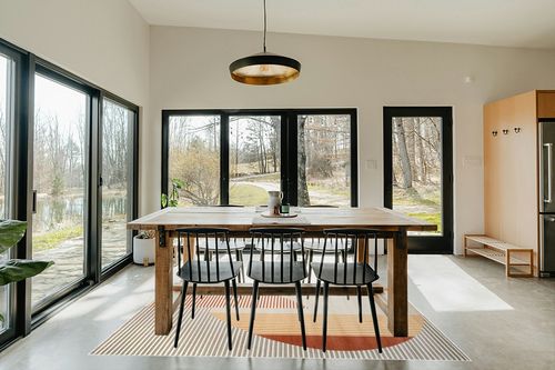 Rugs for Living Room- Large Area Rug, Yellow Striped Rug, Indoor Area Rug with Jute Backing, Anti-Skid Carpet(Yellow, 6' 5" x 9' 5") in Scandinavian Dining Room with Rectangular Table