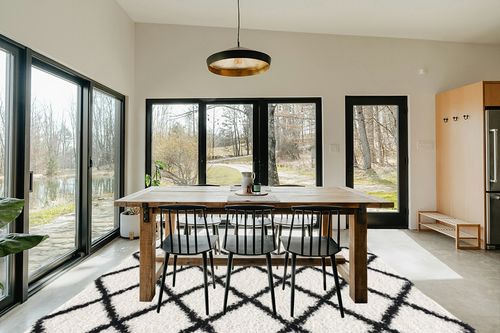 L'Baiet Halle White Black Geometric Diamond Pattern Modern Soft Shag Indoor 8' x 10' Area Rug in Scandinavian Dining Room with Rectangular Table
