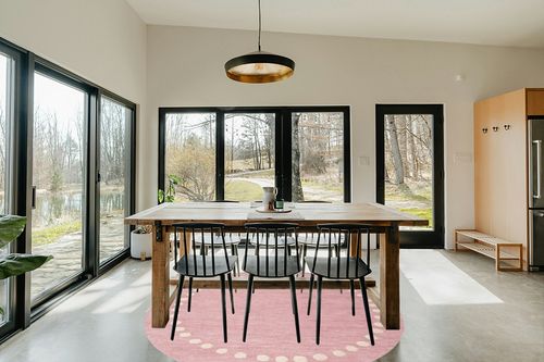 SAFAVIEH Kids Collection Area Rug - 7' Round, Pink, Handmade Wool, Polka Dot Border Design, Ideal for The Living Room, Bedroom, Dining Room, Kids Room, Nursery (SFK802U-7R) in Scandinavian Dining Room with Rectangular Table