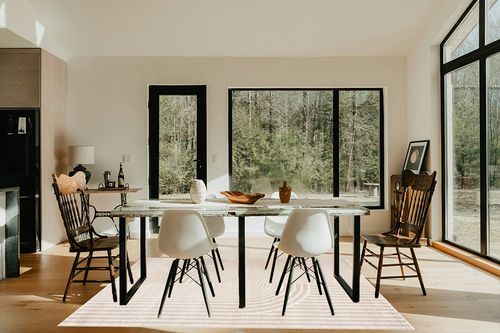 Abani Rugs Beige Arch Pattern Knot Modern Print Premium Area Rug - Contemporary No-Shed Neutral 5’3” x 7’6” (5'x8') Bedroom Rug in Modern Scandinavian Dining Room with Black Accents