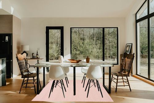 Safavieh 6'5" x 9'6" Terracotta/Ivory Hampton HTN-230 Area Rug in Modern Scandinavian Dining Room with Black Accents