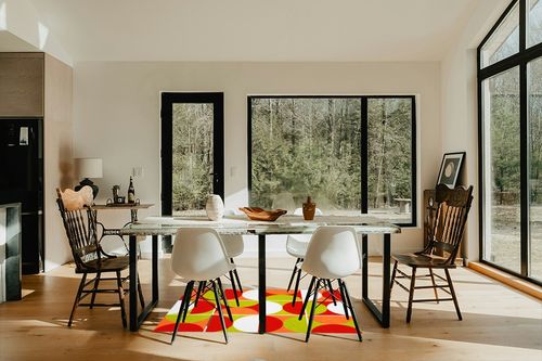 Mid Century Modern Abstract Orange Green Red Wool Area Rug 3x5 Vibrant Art Decor Minimalist Rug for Livingroom Bedroom Diningroom Boho Chic Floor Carpet in Modern Scandinavian Dining Room with Black Accents