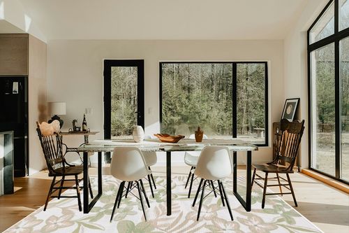 Safavieh Courtyard Collection Area Rug - 6'7" x 9'6", Ivory & Green, Non-Shedding & Easy Care, Indoor/Outdoor & Washable-Ideal for Patio, Backyard, Mudroom (CY9433-52745) in Modern Scandinavian Dining Room with Black Accents