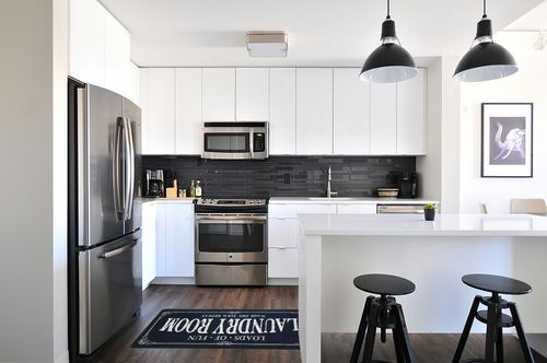 ROMAMIGO Laundry Room Rug Runner Non Slip Laundry Mats Mudroom Runner Farmhouse Kitchen Floor Mat Bathroom Laundry Room Decor Accessories(Black, 20 X 47 inch) in White and Black Modern Kitchen