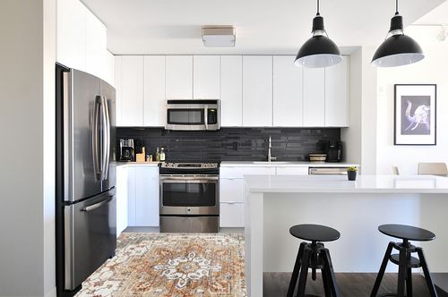 befbee Washable Rug 8x10 Area Rugs for Living Room - Stain Resistant Non-Slip Backing Rugs for Bedroom,Ultra-Thin Vintage Large Area Rug (Turmeric/Grey,8'x10' in White and Black Modern Kitchen