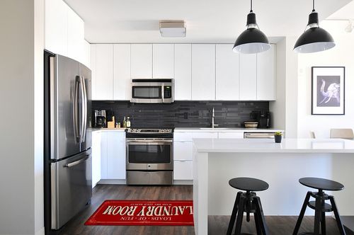 ROMAMIGO Laundry Room Rug Runner Non Slip Laundry Mats Mudroom Runner Farmhouse Kitchen Floor Mat Bathroom Laundry Room Decor Accessories(Red, 20 X 47 inch) in White and Black Modern Kitchen