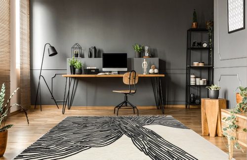 YIHOUSE 8×10 Ft Area Rugs Non-Shedding Washable Rug, Bedroom Living Room Dining Room Office Soft Nonslip Modern Rugs Faux Wool Collection Carpet Indoor/Outdoor Rugs-Black and White Rug in Grey Home office with Wooden Floor