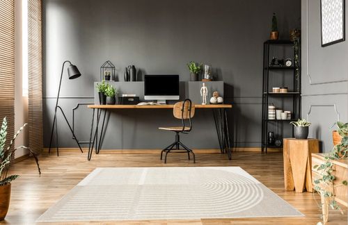 Abani Nuevo Collection Area Rug - Modern Arch Beige/Cream Pattern - 6'x9' - Easy to Clean - Durable for Kids & Pets - Non-Shedding - Medium Pile - Soft Feel - for Living Room, Bedroom & Office in Grey Home office with Wooden Floor