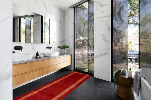 Rug Source Modern Collection Size 3x10 Modern Gabbeh Runner Rug, Hand-Knotted/Hand-Woven Red Geometric Rug, Oriental Wool Carpet for Foyer, Entryway, Hallway in Modern Black Tiled bathroom