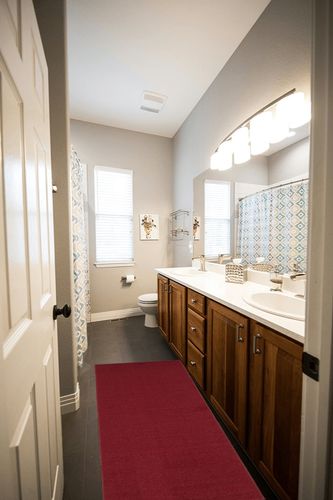 Sweet Home Stores SH Collection Solid Rubberback Indoor Runner Rug, 20" x 59", Red in Wooden and Grey Bathroom