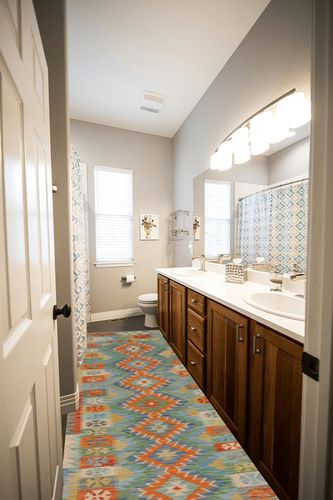 Rug Source Southwestern Style Collection 3x10 Kilim Runner Rug, Flatweave/Hand-Woven Navy Blue & Blues Geometric Rug, Oriental Wool Carpet for Foyer, Entryway, Hallway in Wooden and Grey Bathroom