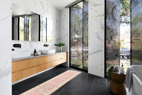 Momeni Anatolia Area Rug, 2 ft 3 in x 7 ft 6 in, Pink in Modern Black Tiled bathroom